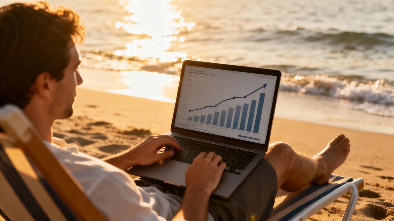 Relaxing person with sales chart on laptop on beach.