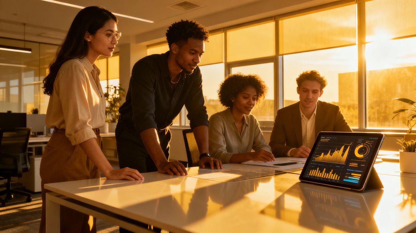 Business professionals collaborating, CRM system growth concept.