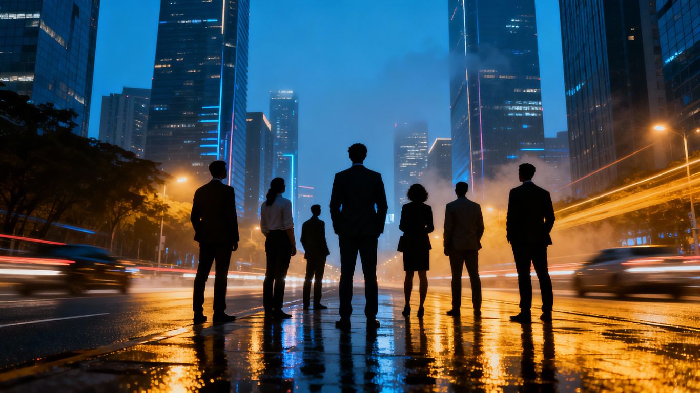 Business intelligence landscape with professionals observing city skyline.