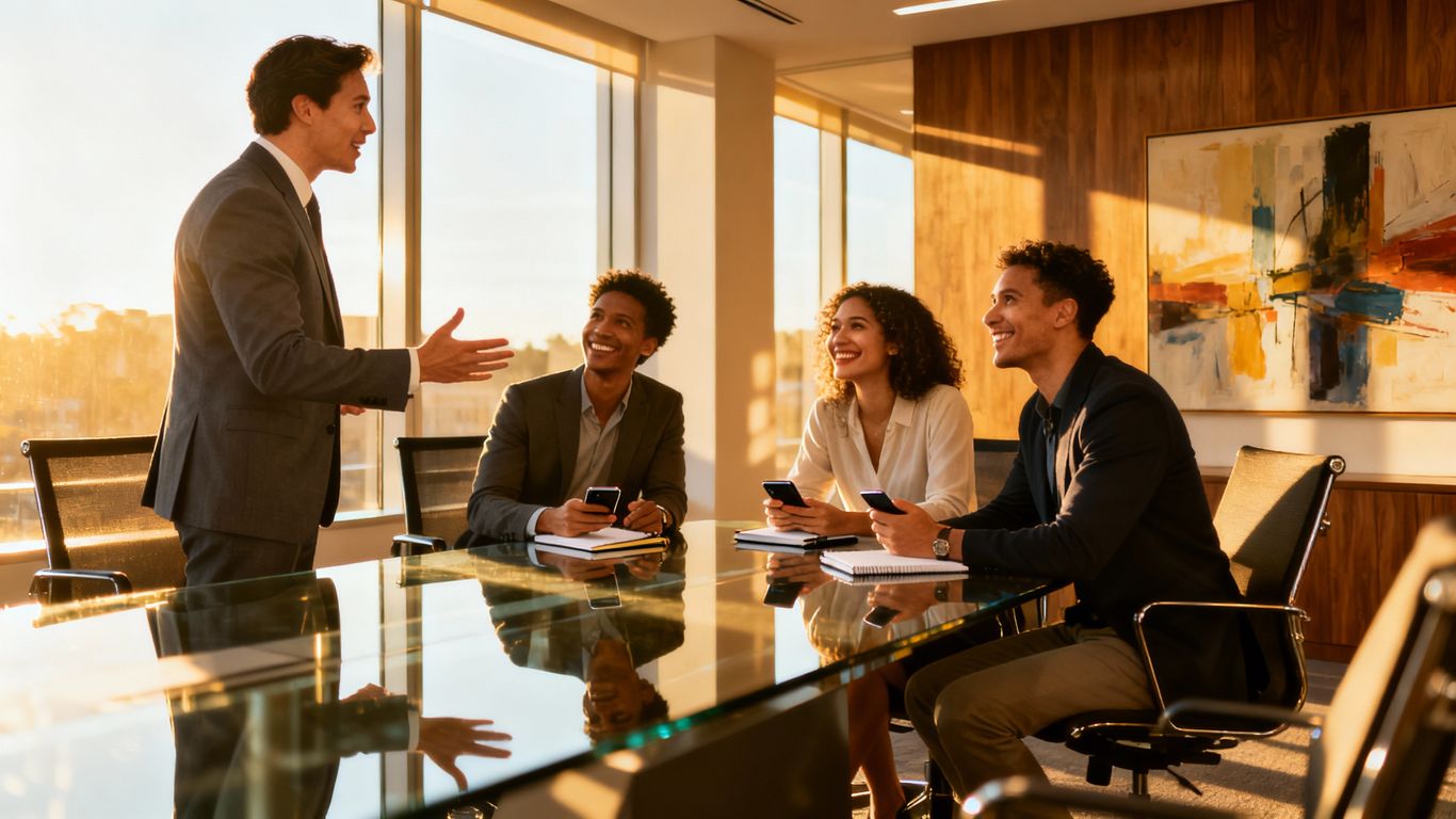 Business professional connecting with potential clients in a bright office.