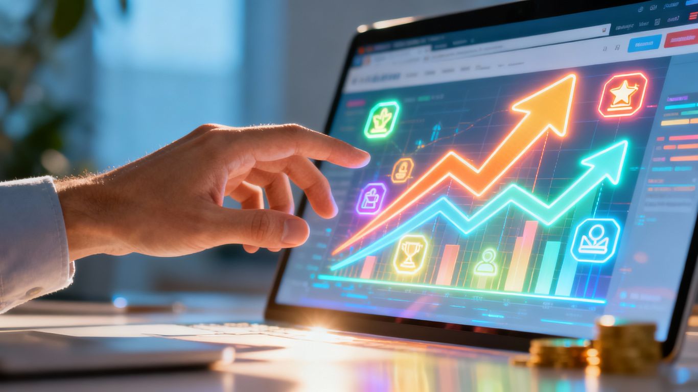 Website sales growth with upward arrows and engagement icons.