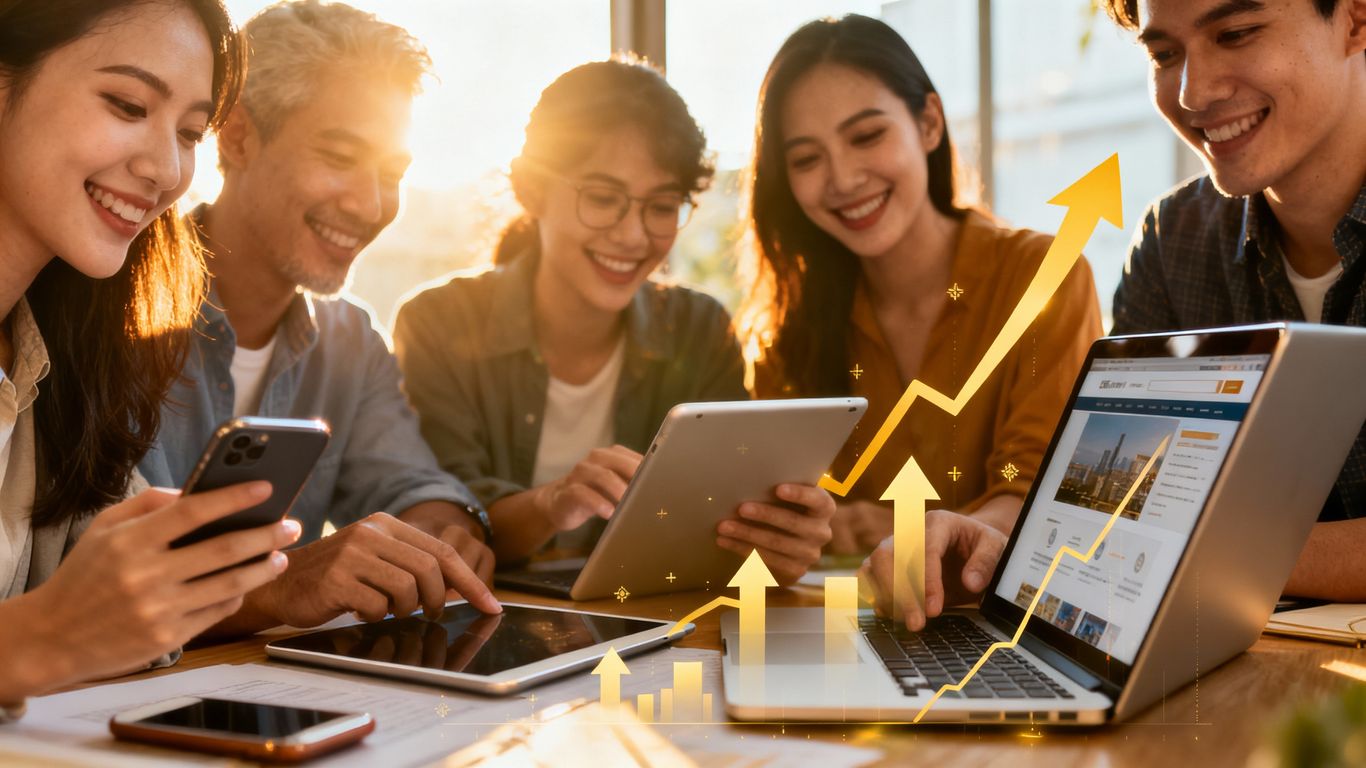 Website sales growth strategies visualized with upward trends.