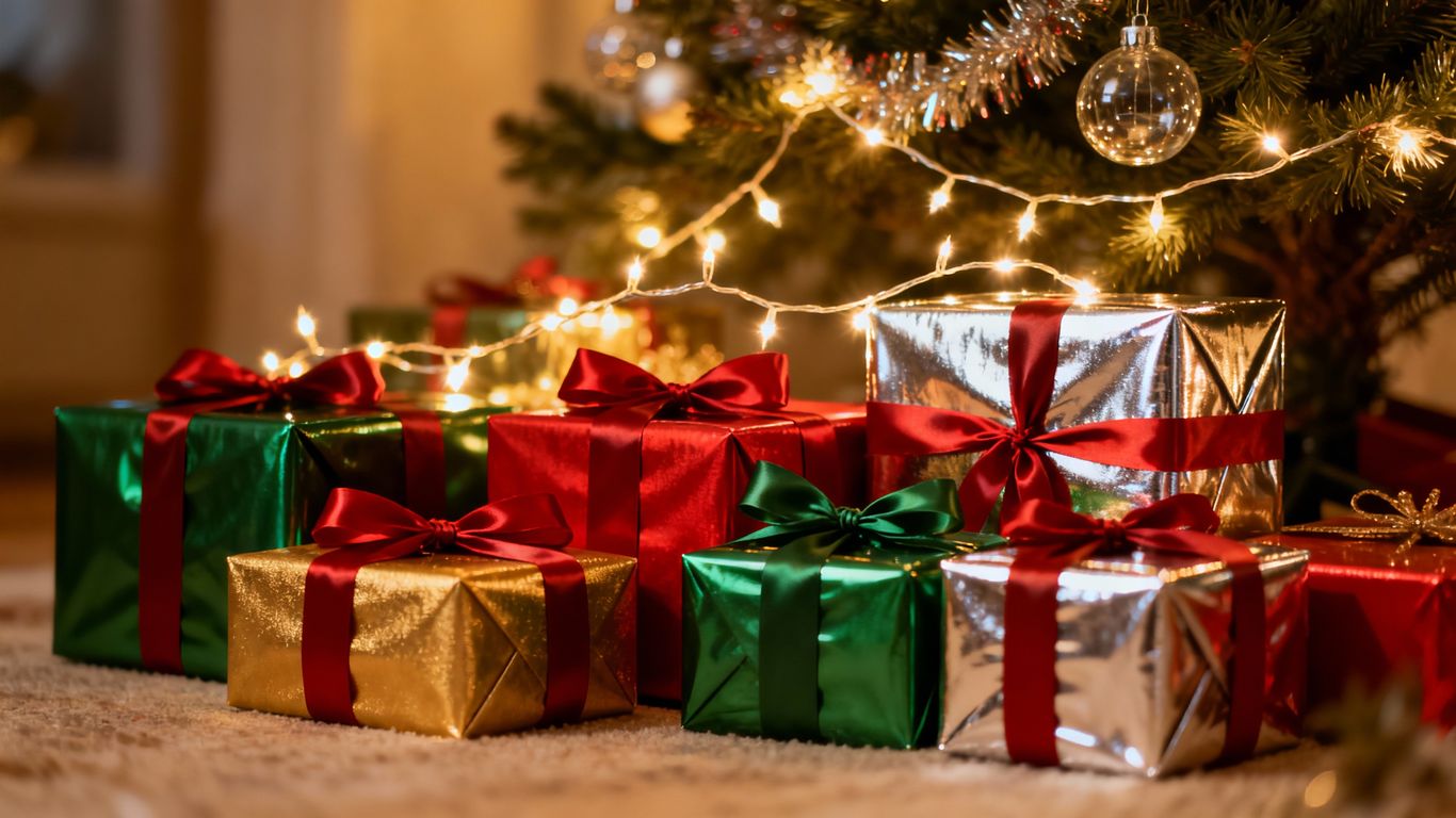 Christmas presents and holiday shopping scene.