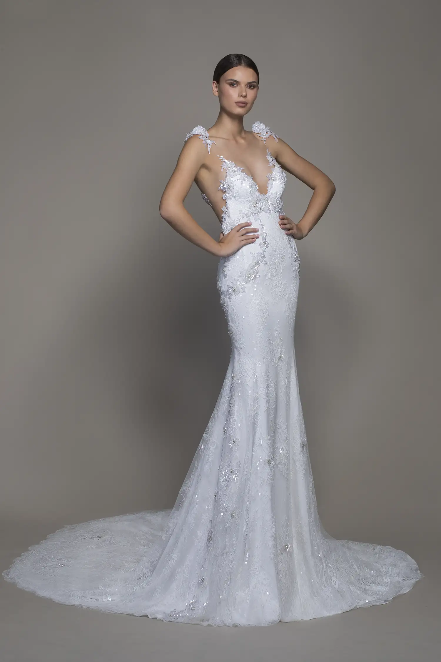Lace sheath gown with dimensional silver sequin floral applique and detachable draped soft tulle cape