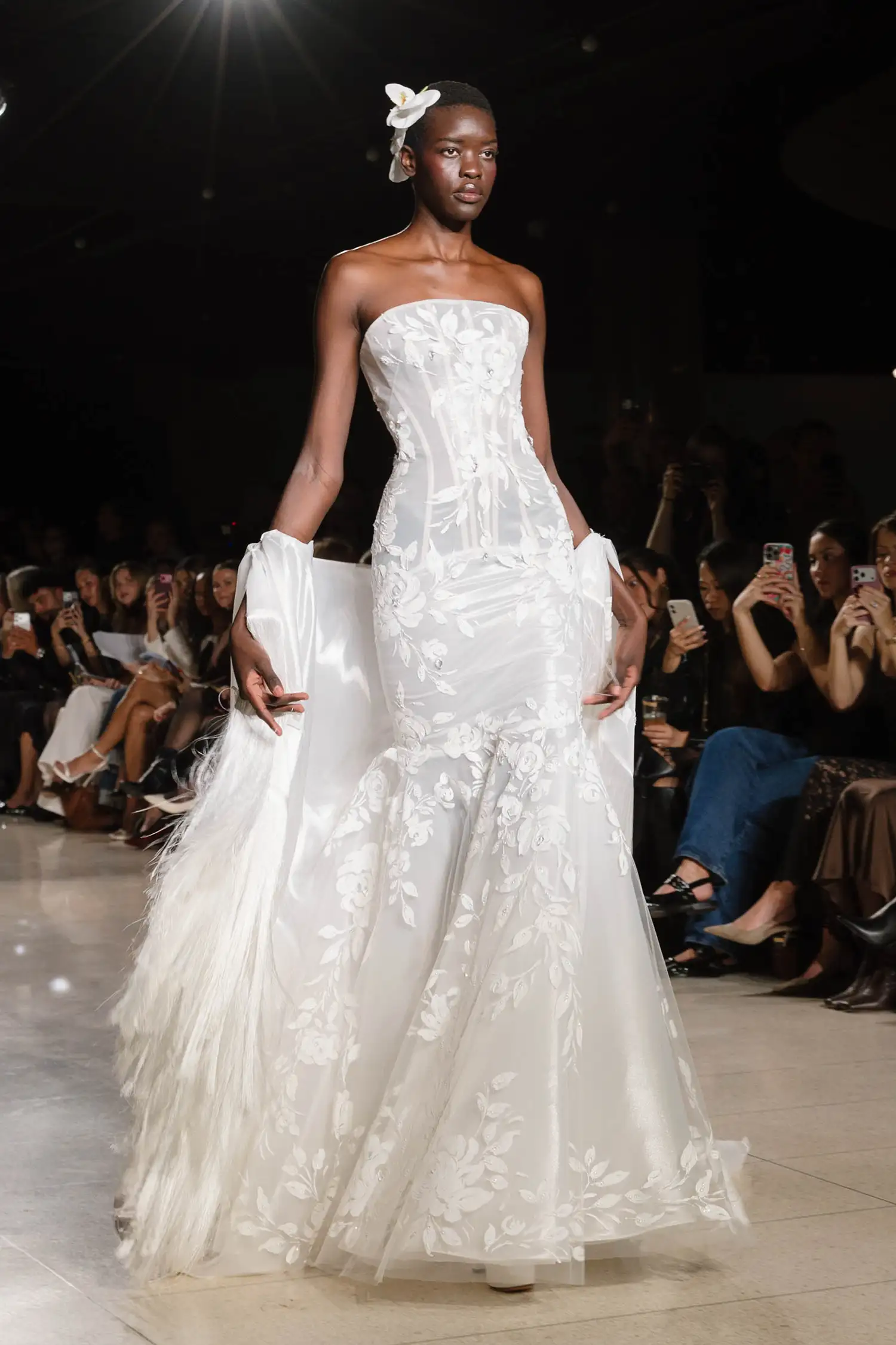 Hand painted rose strapless mermaid gown with water crystal droplets throughout, shown with matching hand painted fringe shawl.