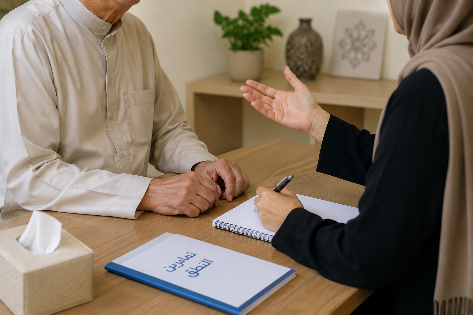 Speech therapist guiding a young boy in using a communication device during a therapy session.