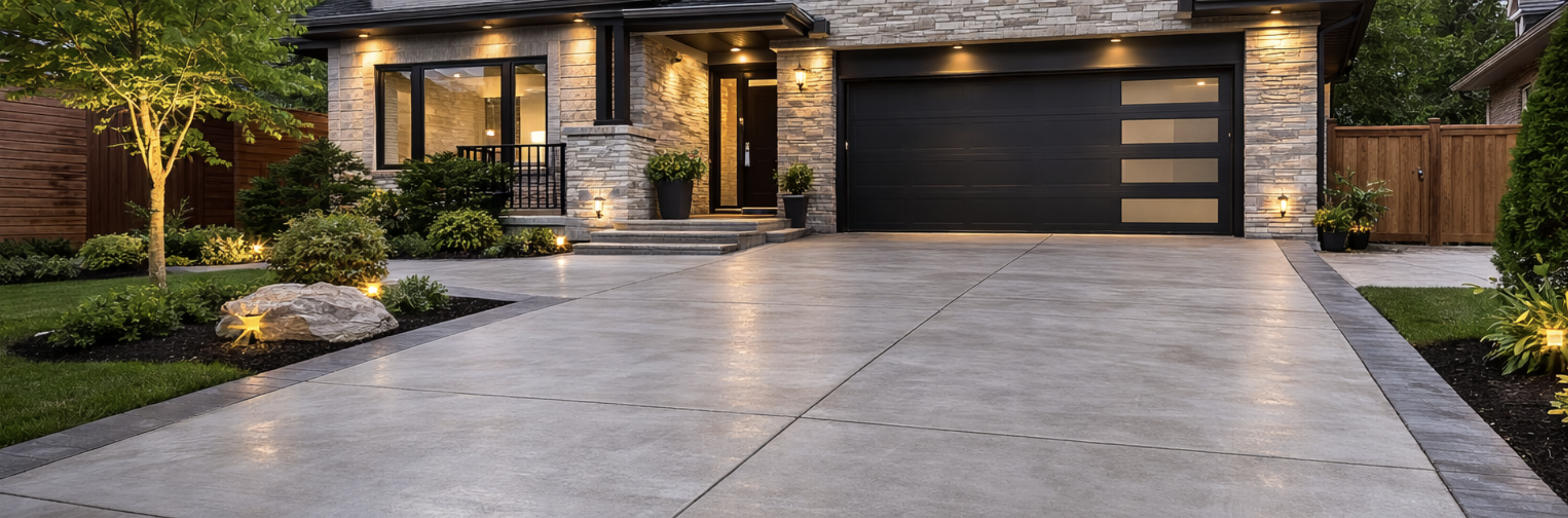 Modern concrete driveway installation at a residential home in Toronto with landscaped front yard and clean smooth concrete finish