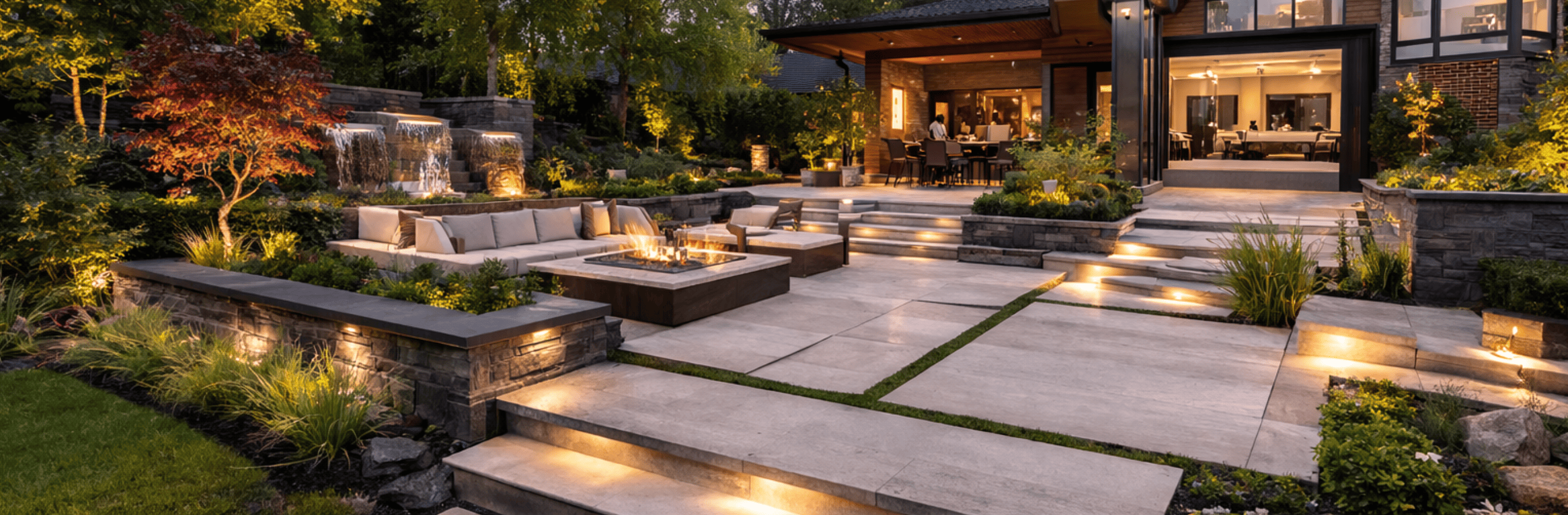 Luxury backyard landscaping and hardscaping with stone patio, fire pit seating area, and garden lighting at a modern home in Toronto GTA