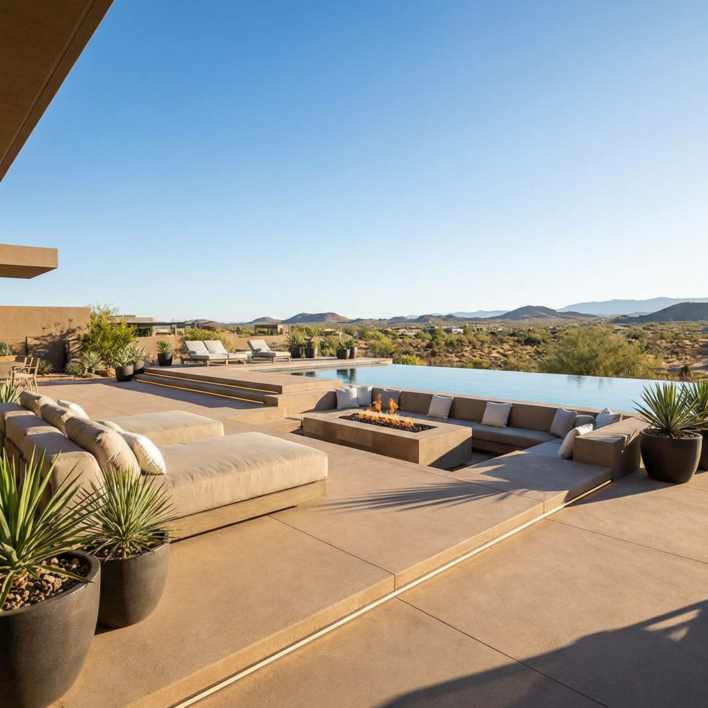 Modern backyard patio with natural stone paving and elegant outdoor living space