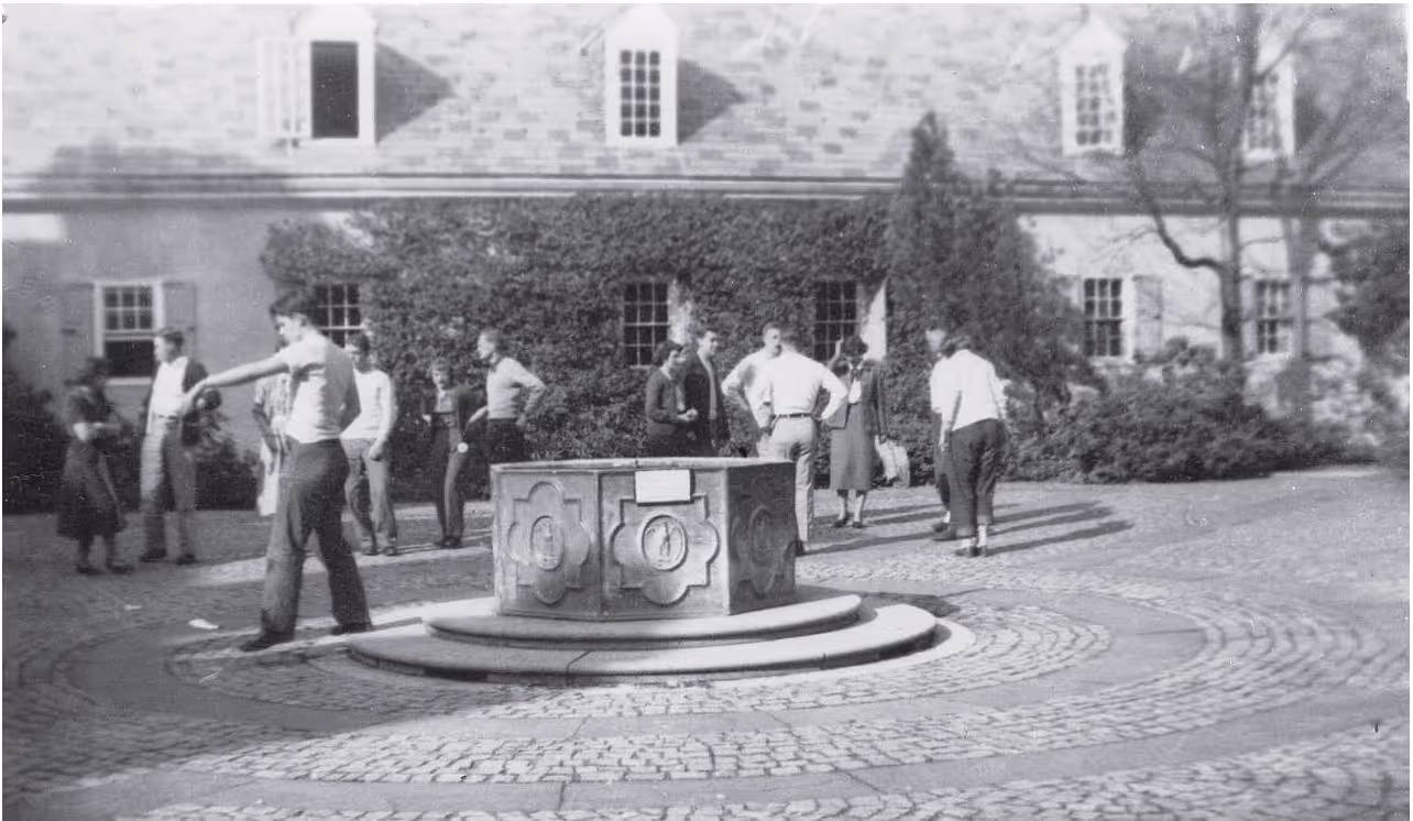 Black and white image of students in Rolling Ridge courtyard, circa 1950s