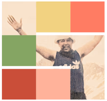 A photo of Jim Todd with colored blocks in the style of the Todd Hall Fundraising Campaign branding