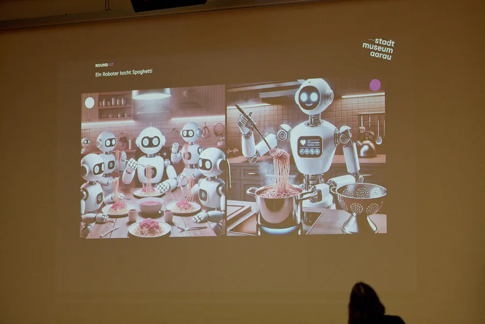 Mit AI erstellen Bilder werden an einen Wand projiziert.