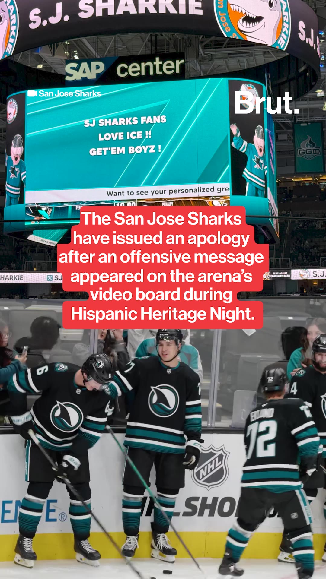 The San Jose Sharks have issued an apology after an offensive message appeared on the arena’s video board during Hispanic Heritage Night.