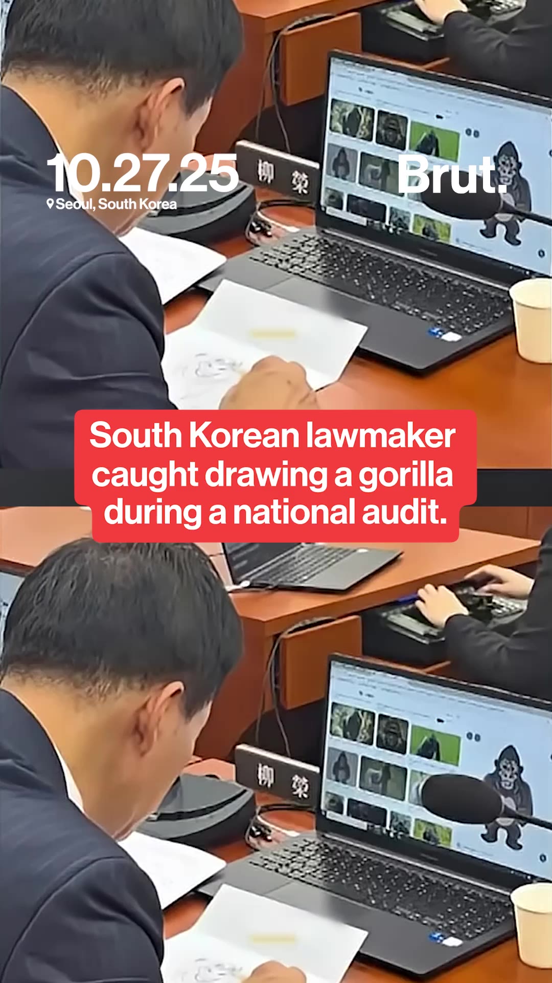 South Korean lawmaker caught drawing a gorilla during an audit.