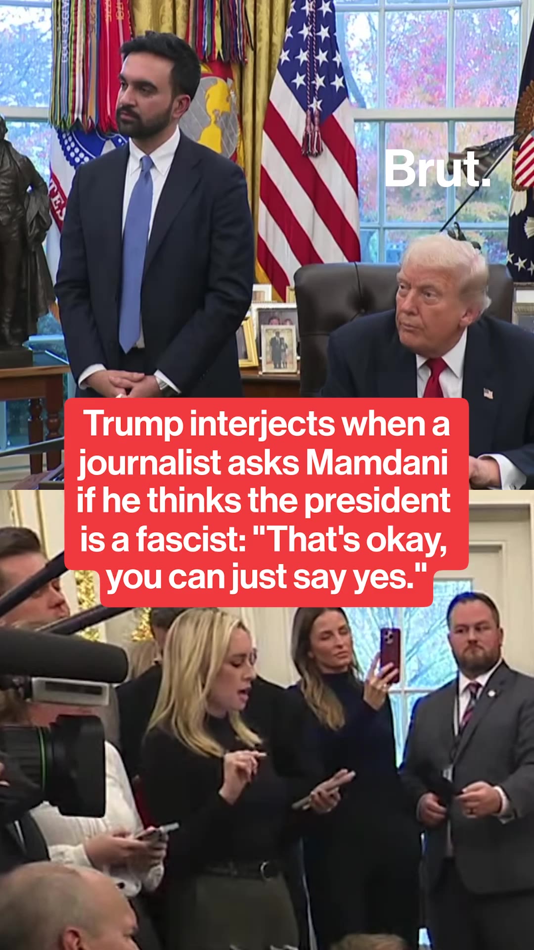Trump interjects when a journalist asks Zohran Mamdani if he thinks the president is a fascist.