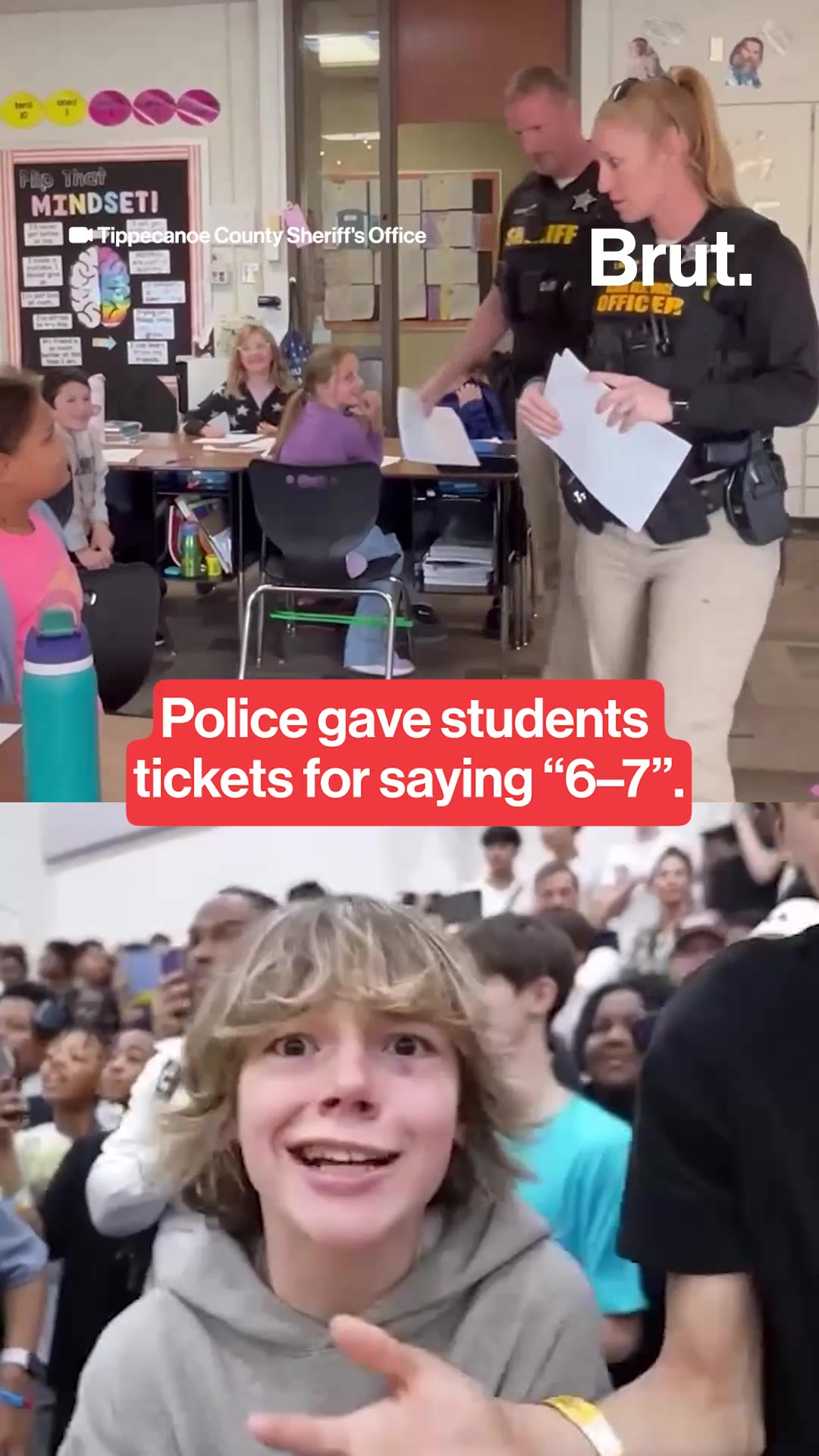 Police officers hand out tickets to kids saying 6-7.