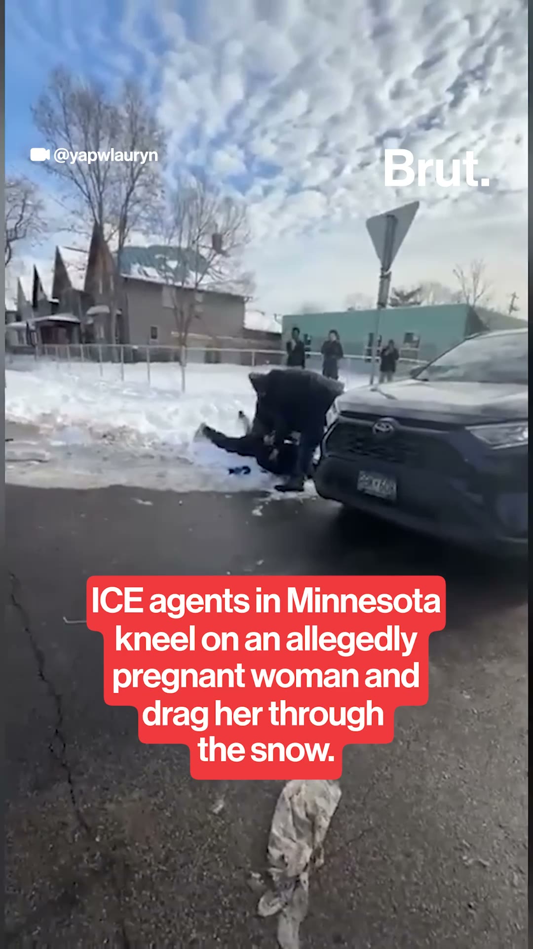 ICE agents kneel on an allegedly pregnant woman and drag her through the street.