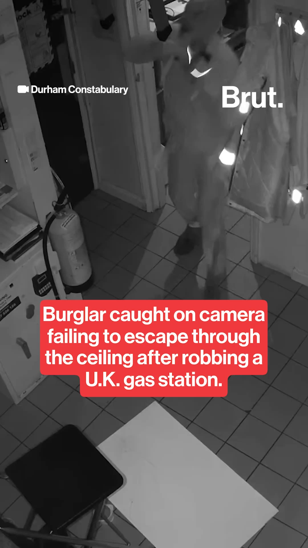 Burglar fails to escape through the ceiling of a U.K. gas station.