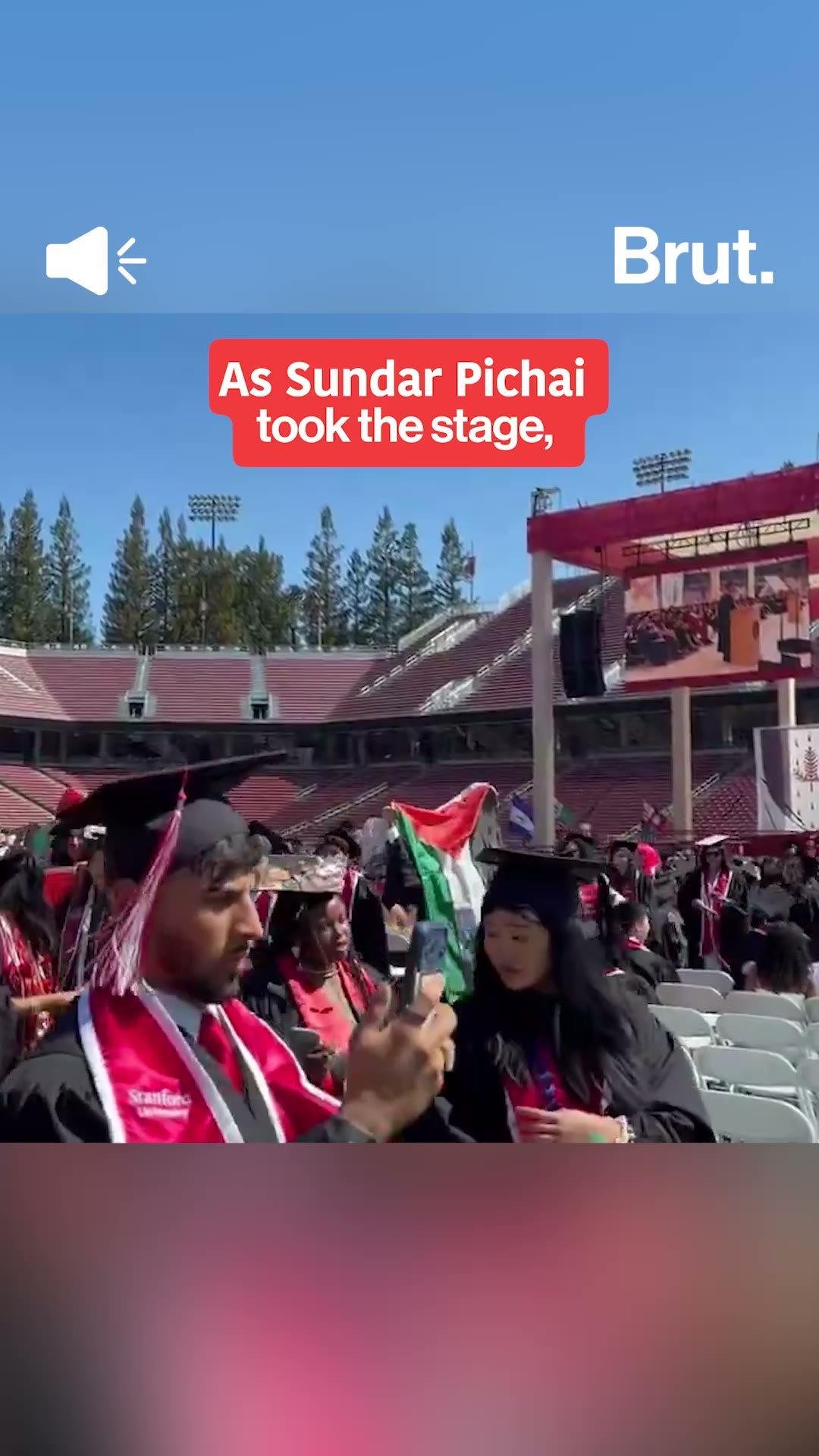 Graduating students walk out of Sundar Pichai’s commencement speech at Stanford University