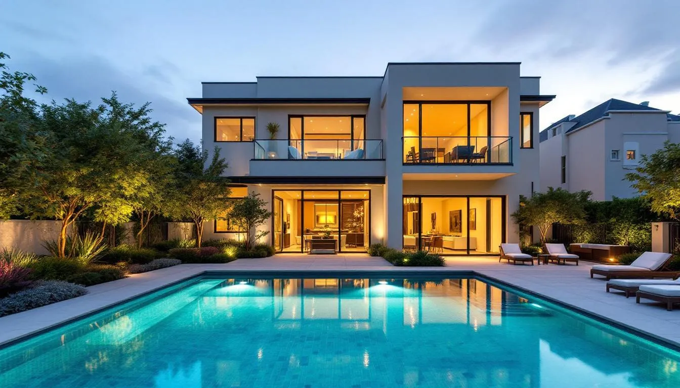 Upscale amenities in Fort Worth townhomes, including a pool and landscaped gardens.