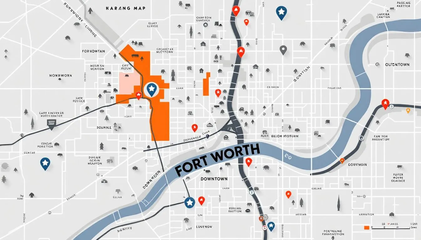 Map highlighting prime locations near Fort Worth's attractions.