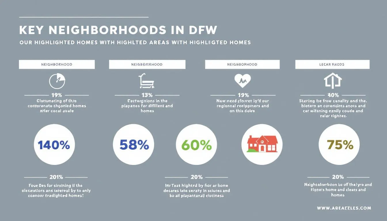 Key neighborhoods in DFW highlighted with homes.