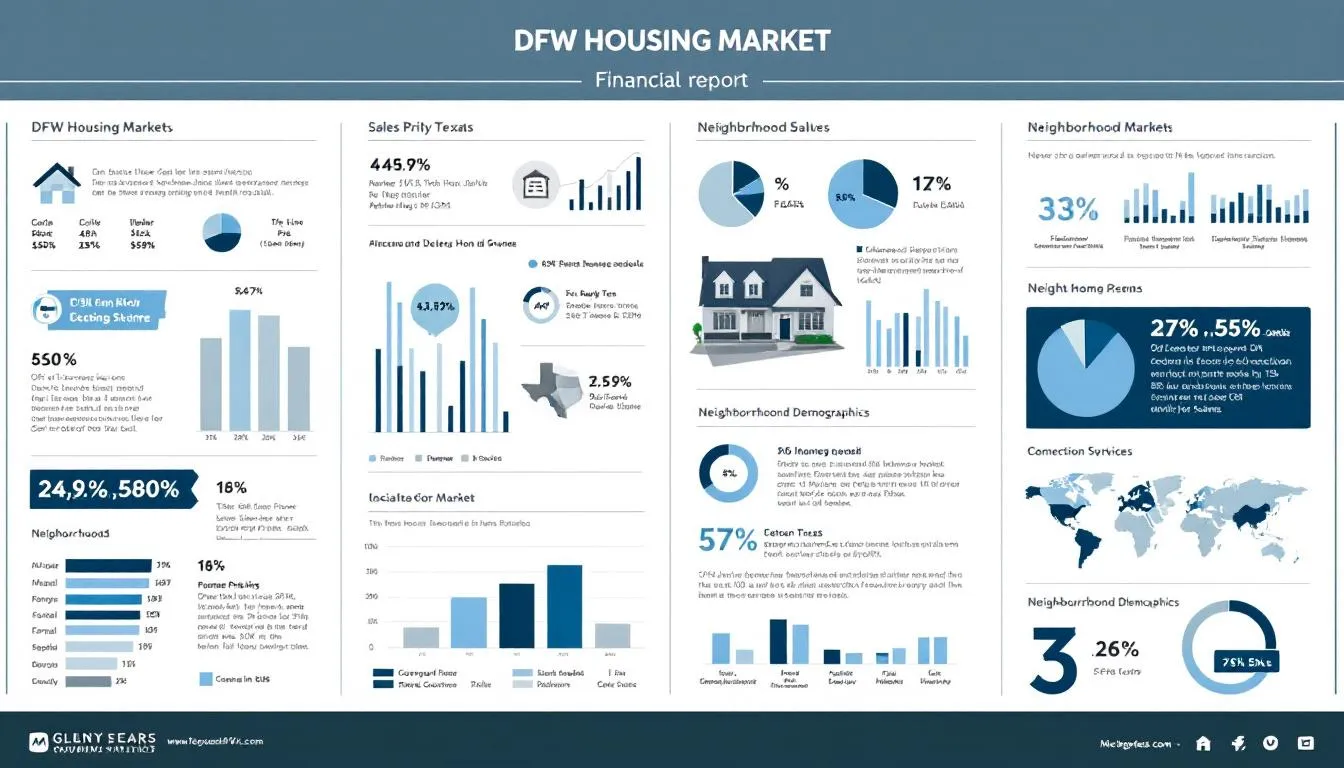 An overview of the DFW housing market showing various homes and neighborhoods.