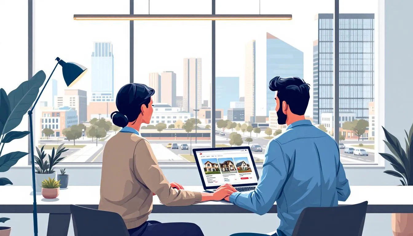 A person navigating real estate listings on a laptop, exploring homes for sale.