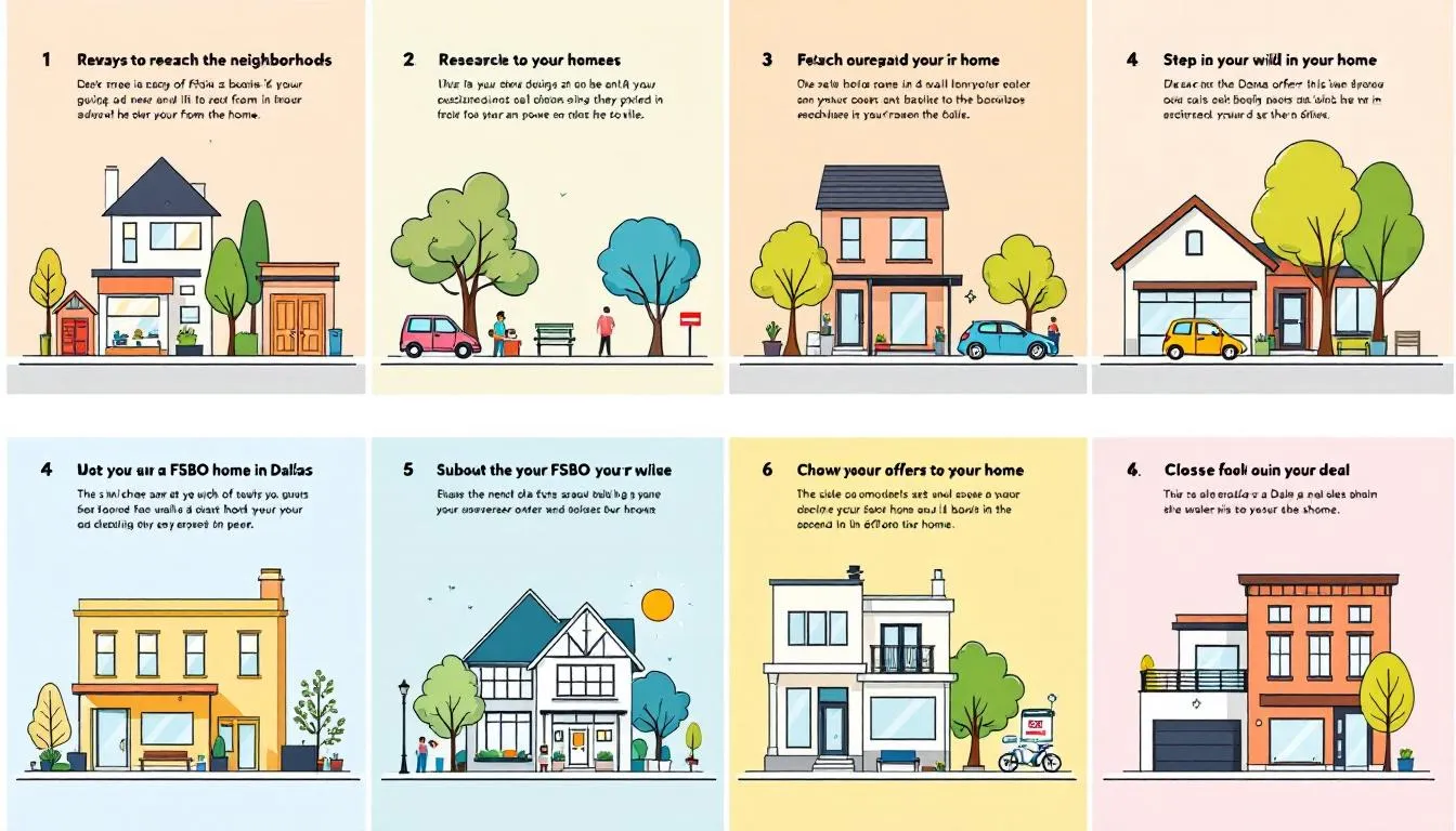 A step-by-step guide to purchasing a FSBO home in Dallas, illustrated with relevant visuals.