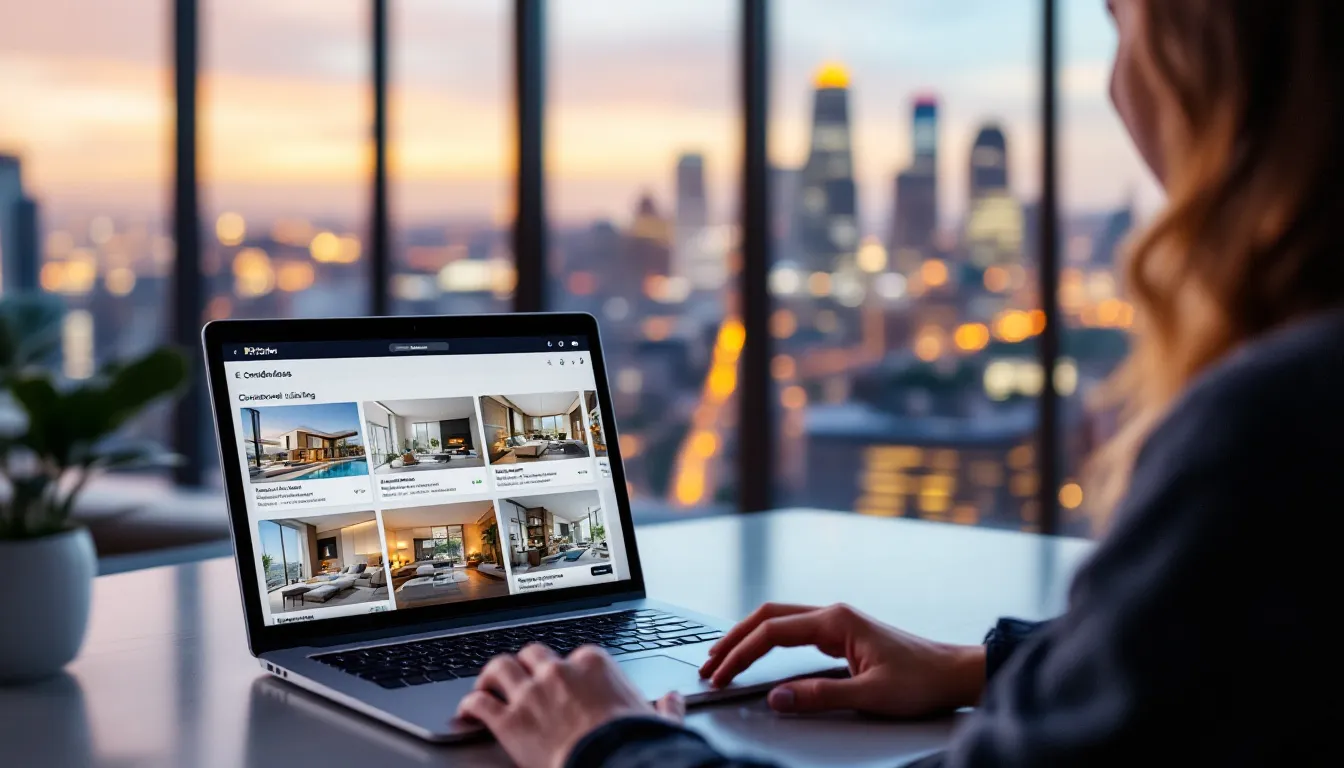 A person browsing condos online on a laptop, with listings displayed on the screen.