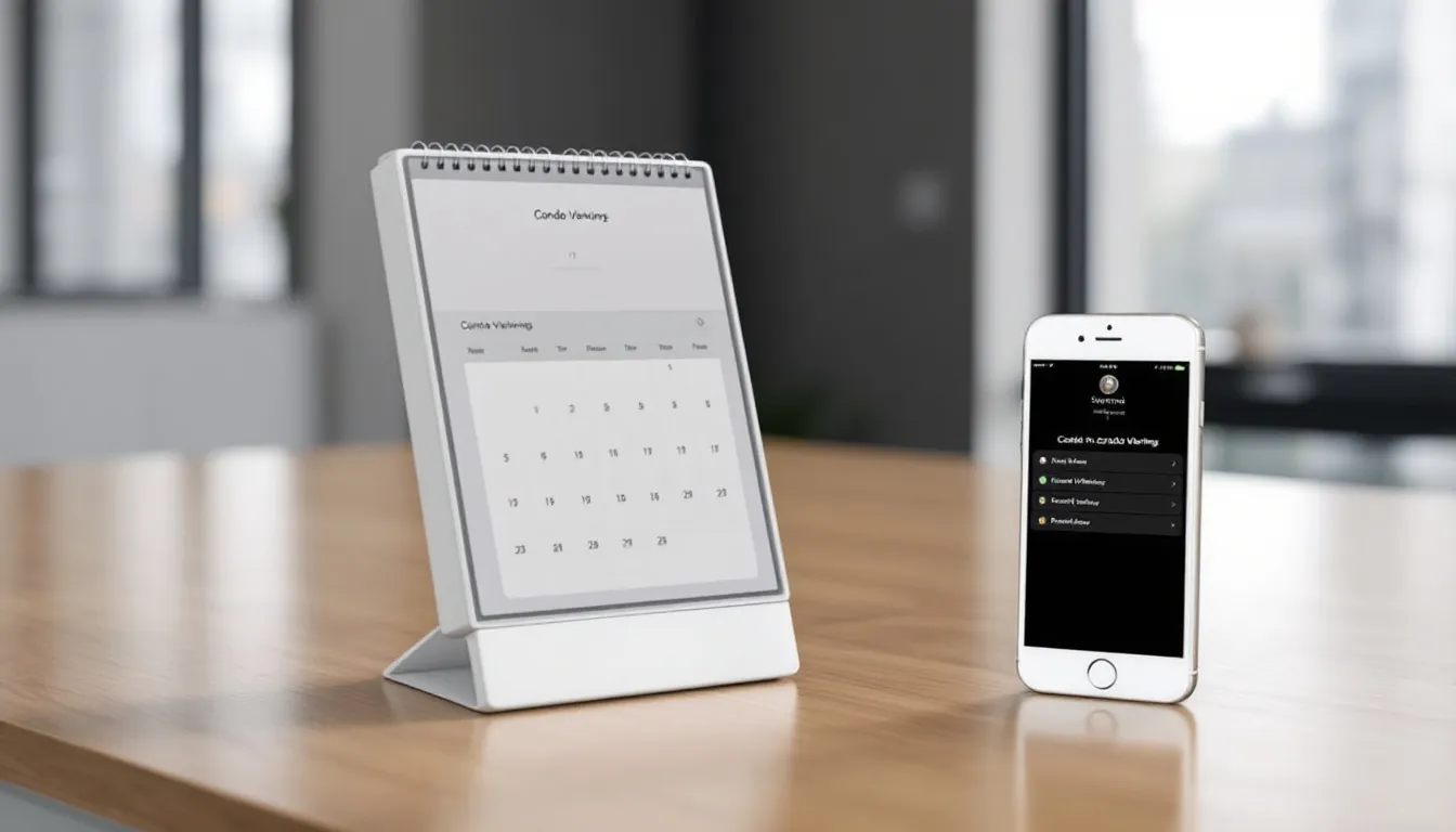 A calendar and phone showing reminders for scheduling condo viewings.