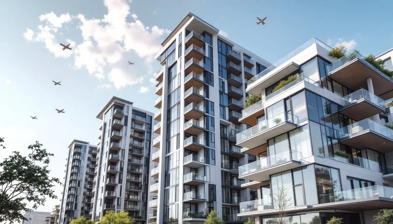 A view of prime condos near DFW Airport showcasing modern architecture and proximity to the airport.