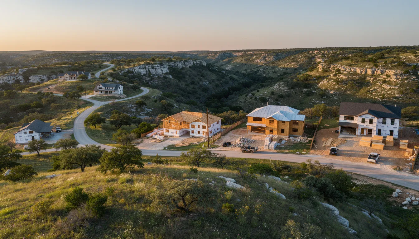 The image depicts a picturesque Texas hill country landscape featuring several new residential construction homes nestled on rolling terrain, showcasing quality construction and fine craftsmanship. This scene highlights the dream homes being built by top home builders in the Dallas Fort Worth area, offering a glimpse into the vibrant community and lifestyle of the region.