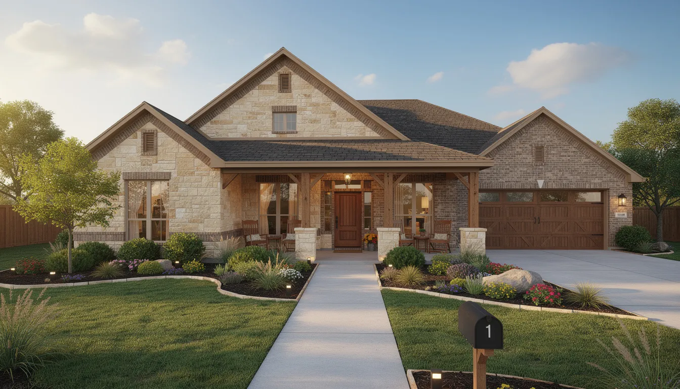 The image depicts a stunning model home exterior featuring a combination of stone and brick facade, complemented by a beautifully landscaped front yard and a welcoming covered porch, embodying the Texas style. This dream home showcases the quality construction and fine craftsmanship typical of top home builders in the Dallas Fort Worth area.