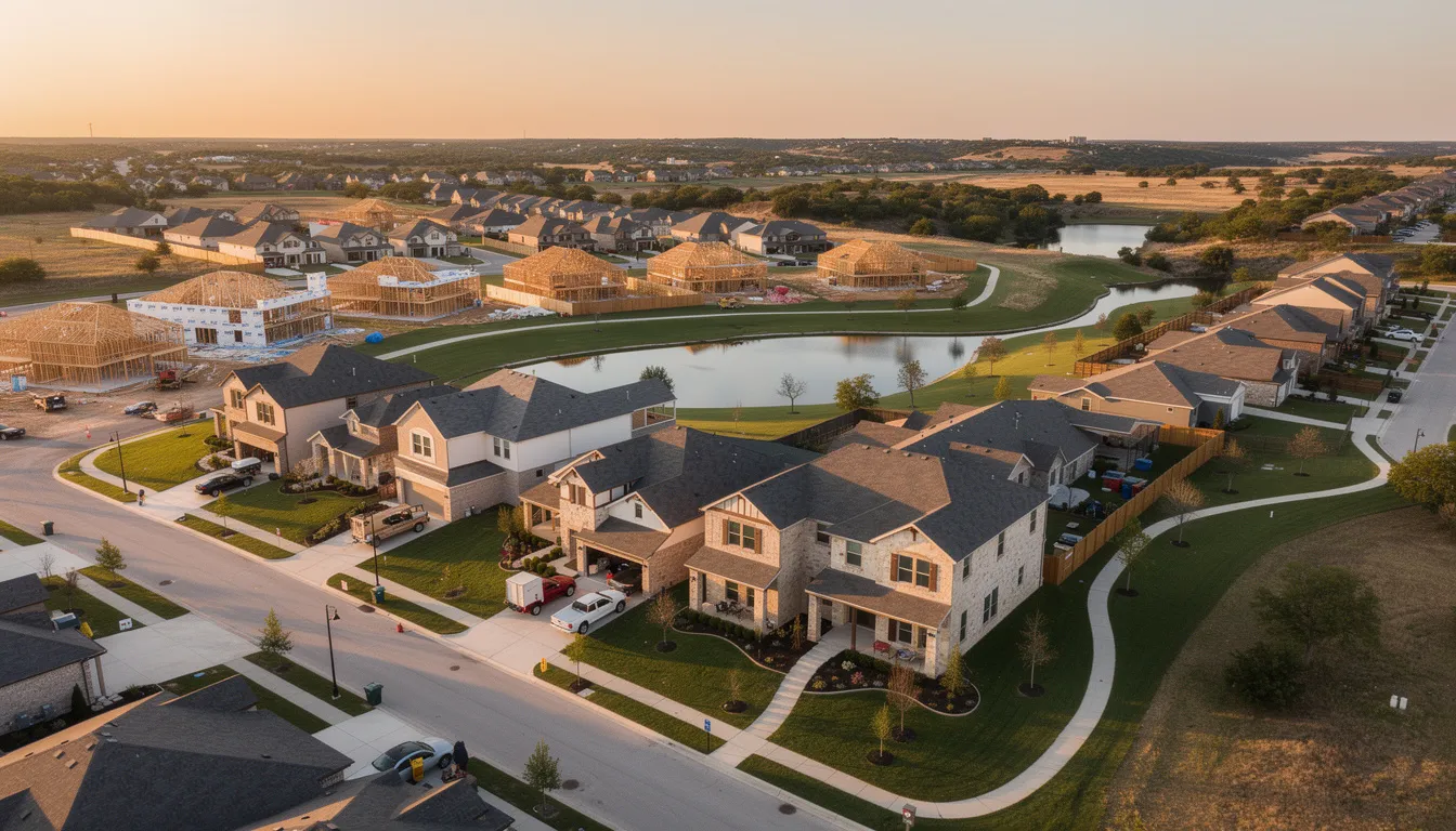 An aerial view showcases a new master-planned community in North Texas, featuring completed homes, homes under construction, and lush green spaces, highlighting the quality construction and commitment of top home builders in the Dallas Fort Worth area. This vibrant neighborhood represents the dream home journey for families seeking a perfect blend of lifestyle and community.
