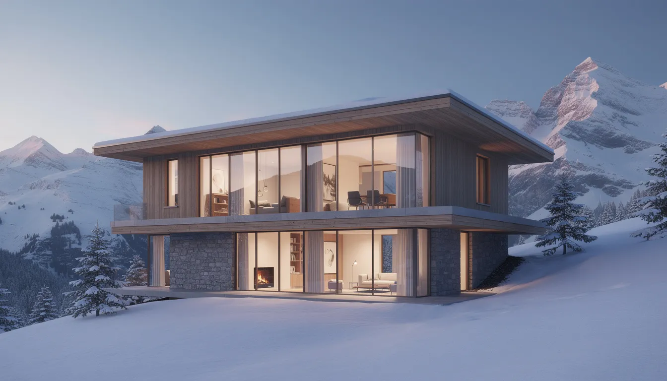 A contemporary mountain chalet features large glass windows that provide stunning views of snow-covered peaks, showcasing a perfect blend of modern design and natural beauty. This property is an ideal listing for buyers exploring modern homes for sale in the market.