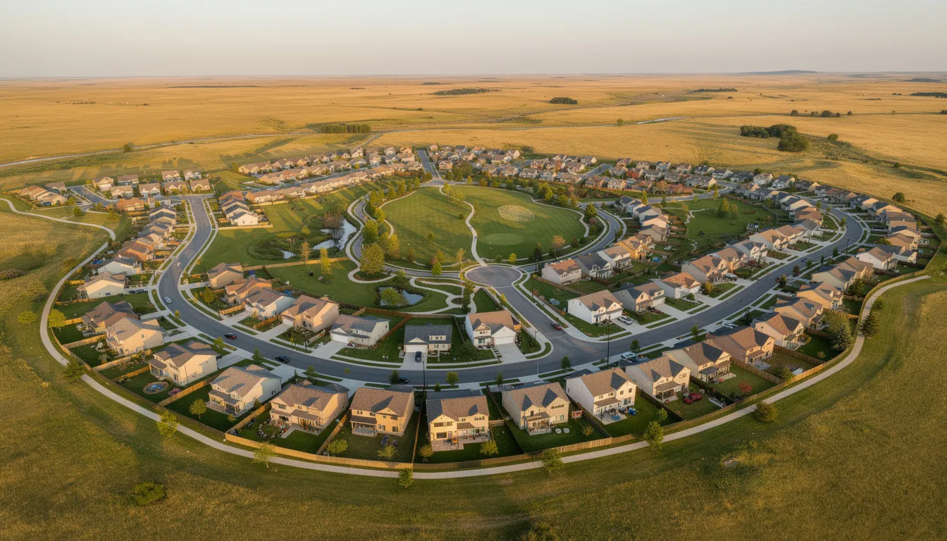 An aerial view showcases a beautifully designed master-planned community in Fort Worth, Texas, featuring winding streets, green parks, and new homes nestled among open prairie land. This vibrant neighborhood offers innovative amenities and a variety of architectural styles, making it an ideal location for families seeking their dream home.