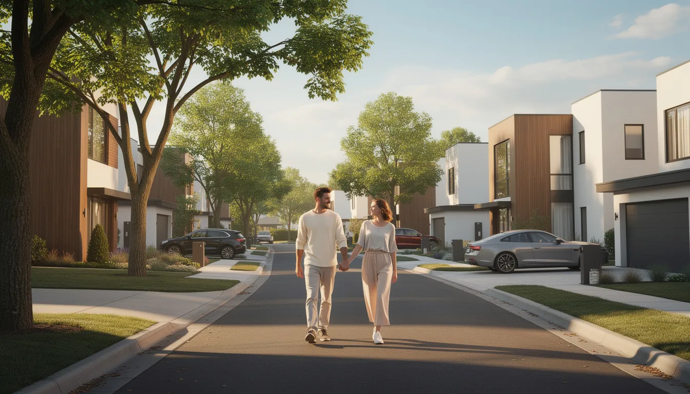 A young couple strolls through a beautifully designed model home neighborhood in Fort Worth, Texas, featuring tree-lined streets and contemporary architectural styles. The scene captures the essence of community living, showcasing the innovative amenities and great neighborhoods that make this area an attractive place to find a dream home.