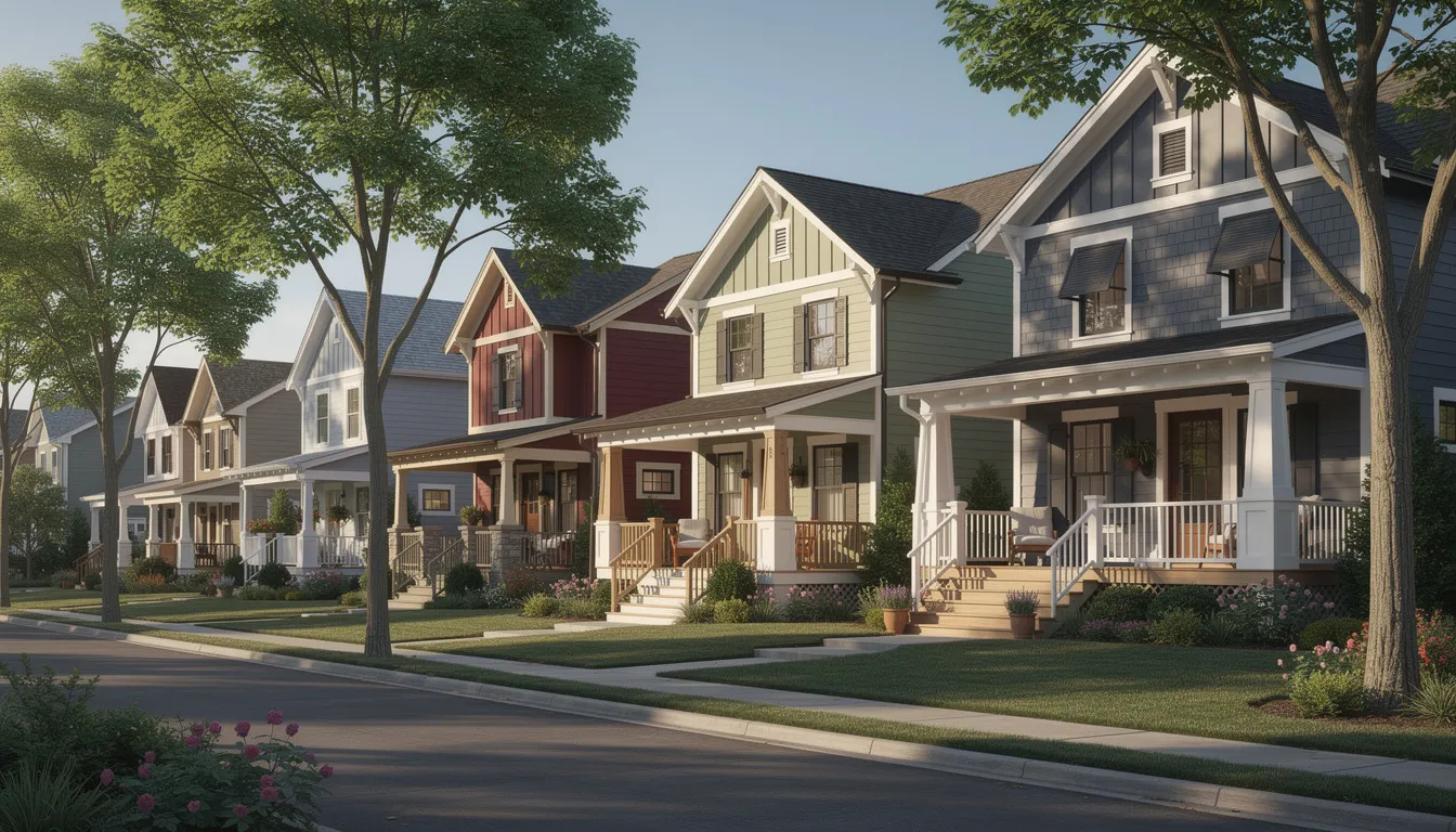 A picturesque row of beautifully designed homes featuring craftsman-style porches and varied rooflines is set along a tree-lined street in a great Fort Worth neighborhood. This inviting community embodies the charm and sophistication of innovative architectural styles, perfect for families seeking their dream home in Texas.