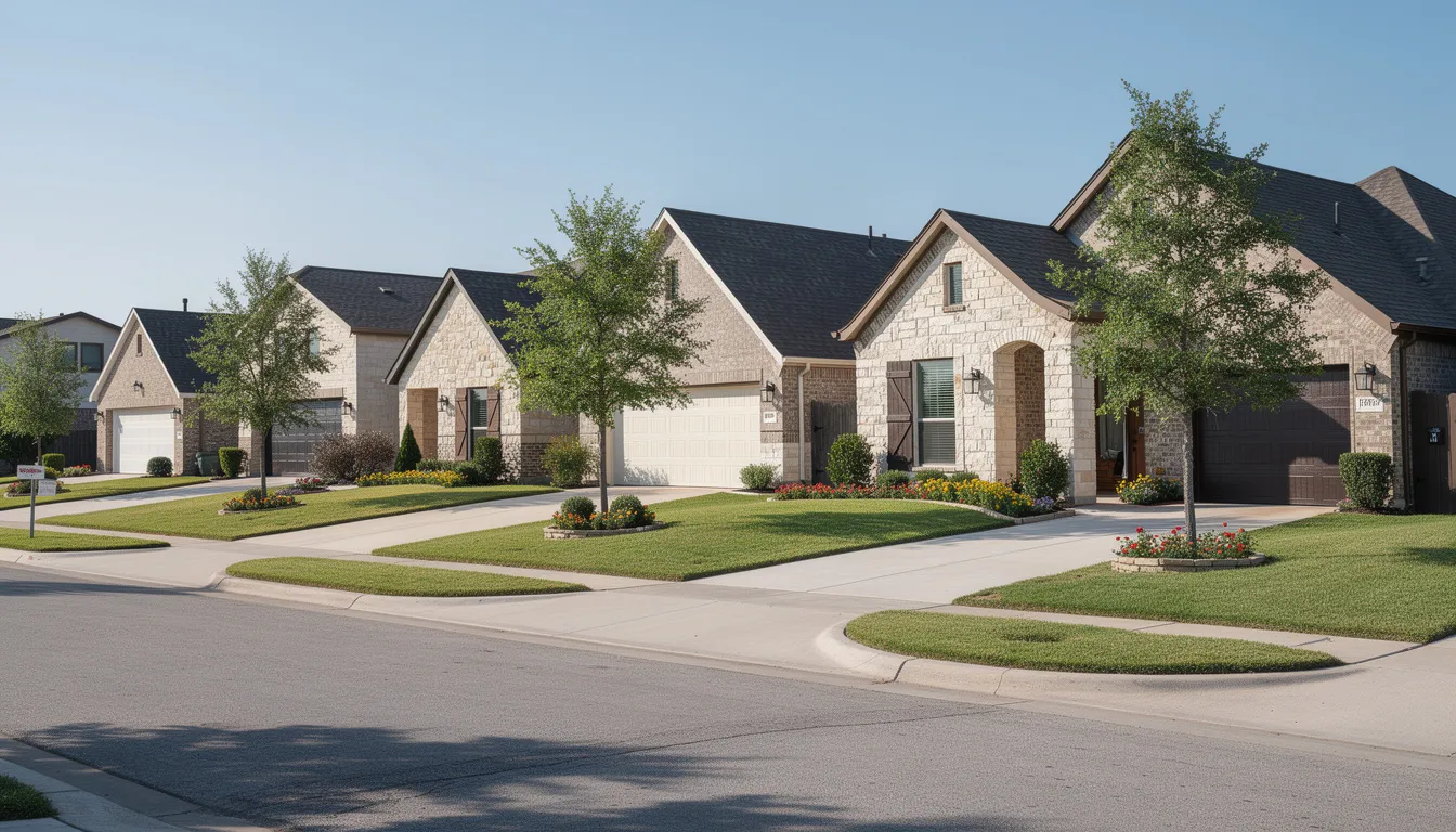 A row of new single-family homes showcases modern designs with beautifully landscaped front yards in a Fort Worth neighborhood. These move-in ready homes reflect the vibrant lifestyle and community spirit of the Dallas Fort Worth area, offering a variety of options for potential buyers.