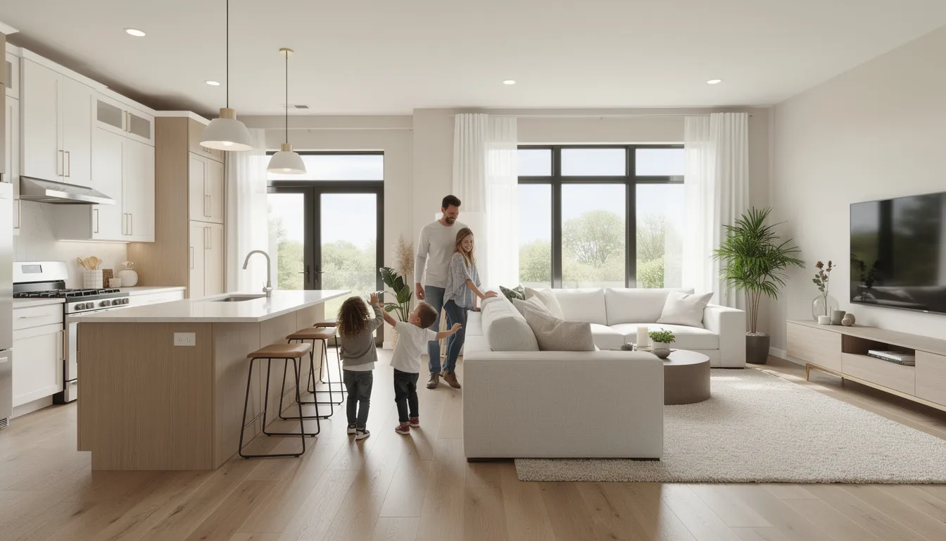 A family is exploring a modern open-concept kitchen and living room in a new construction home, showcasing the spacious design and stylish features typical of new homes in Fort Worth neighborhoods. The inviting space highlights the convenience and lifestyle options available in the Dallas Fort Worth area.