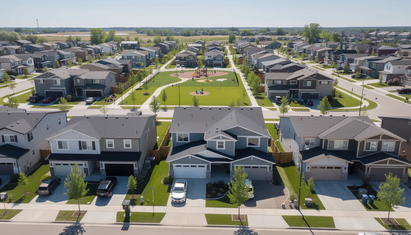 An aerial view showcases a new suburban housing development in Fort Worth, featuring modern homes with stylish designs and tree-lined streets, perfect for families seeking a peaceful lifestyle in the Dallas Fort Worth area. This community offers a variety of move-in ready options, highlighting the appeal of new construction homes in North Texas.