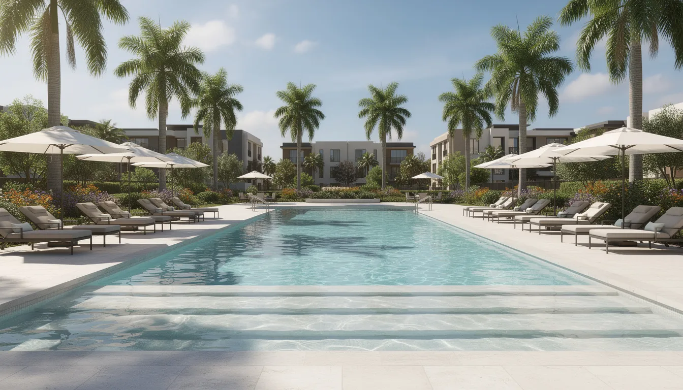 The image depicts a resort-style community swimming pool surrounded by comfortable lounge chairs and lush palm trees, creating a serene atmosphere ideal for relaxation and entertainment in the heart of new construction homes in Fort Worth. This inviting setting reflects the modern designs and lifestyle amenities often sought after in Fort Worth neighborhoods.