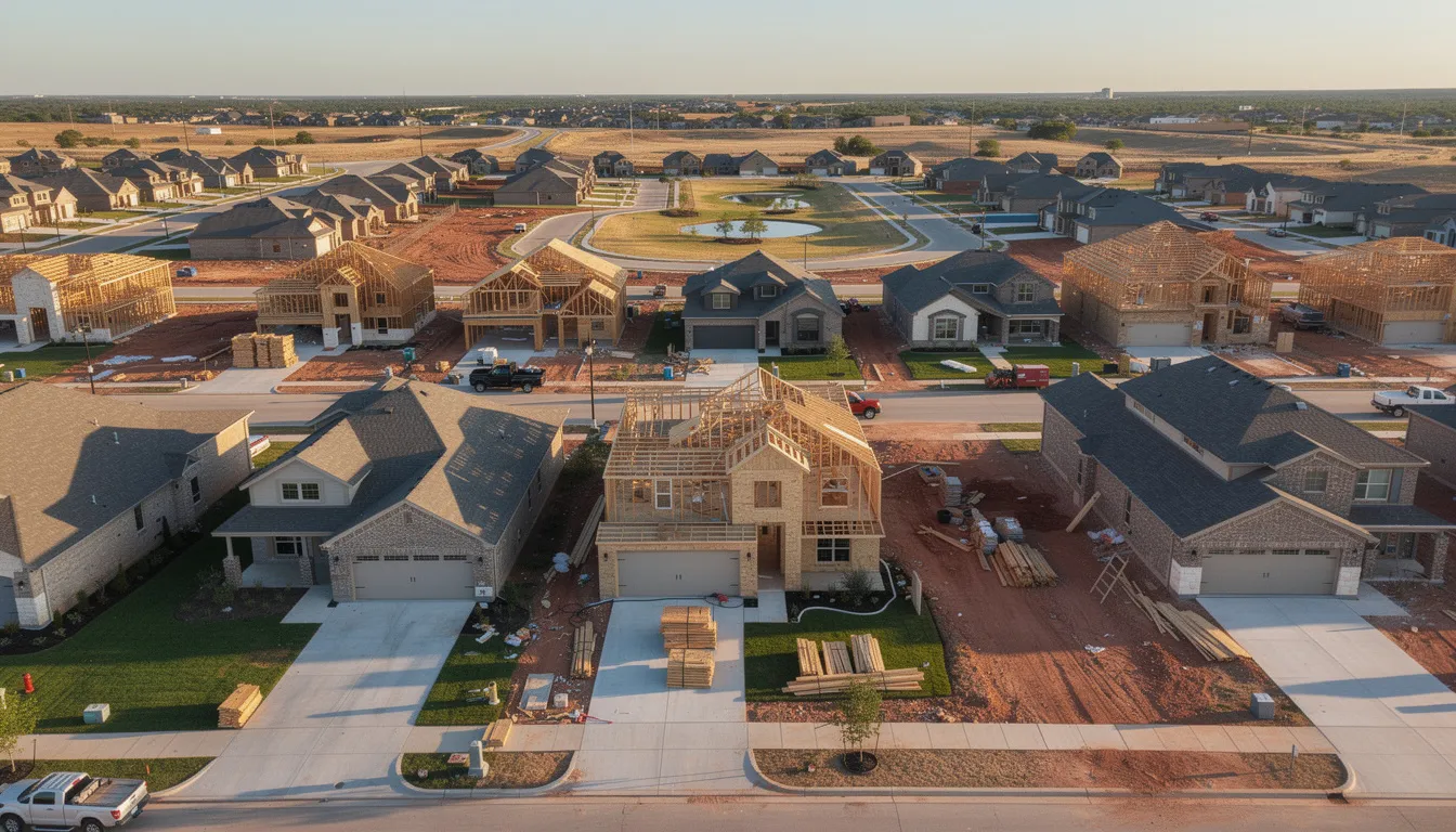 An aerial view of new construction homes in a Texas master-planned community showcases a variety of modern houses nestled within a well-designed neighborhood, emphasizing the commitment to excellence in real estate in Aledo, TX. This image reflects the vibrant community and the potential for buyers to find their dream home in Fort Worth's expanding real estate market.
