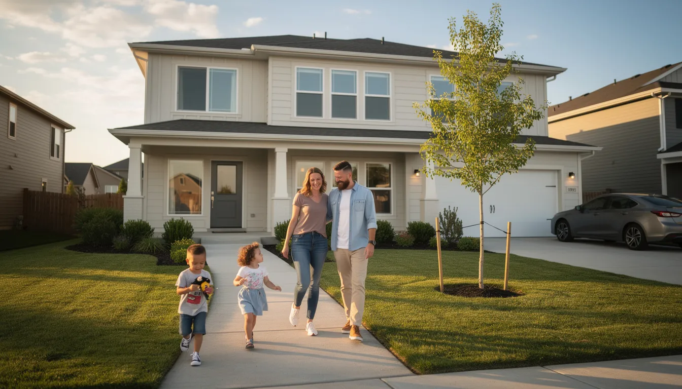 A family with children is happily walking up the path to their new suburban home, showcasing a moment of excitement as they begin their journey in this welcoming neighborhood in Texas. This scene reflects the commitment of great real estate agents in Aledo, TX, who help families find their perfect place to call home.