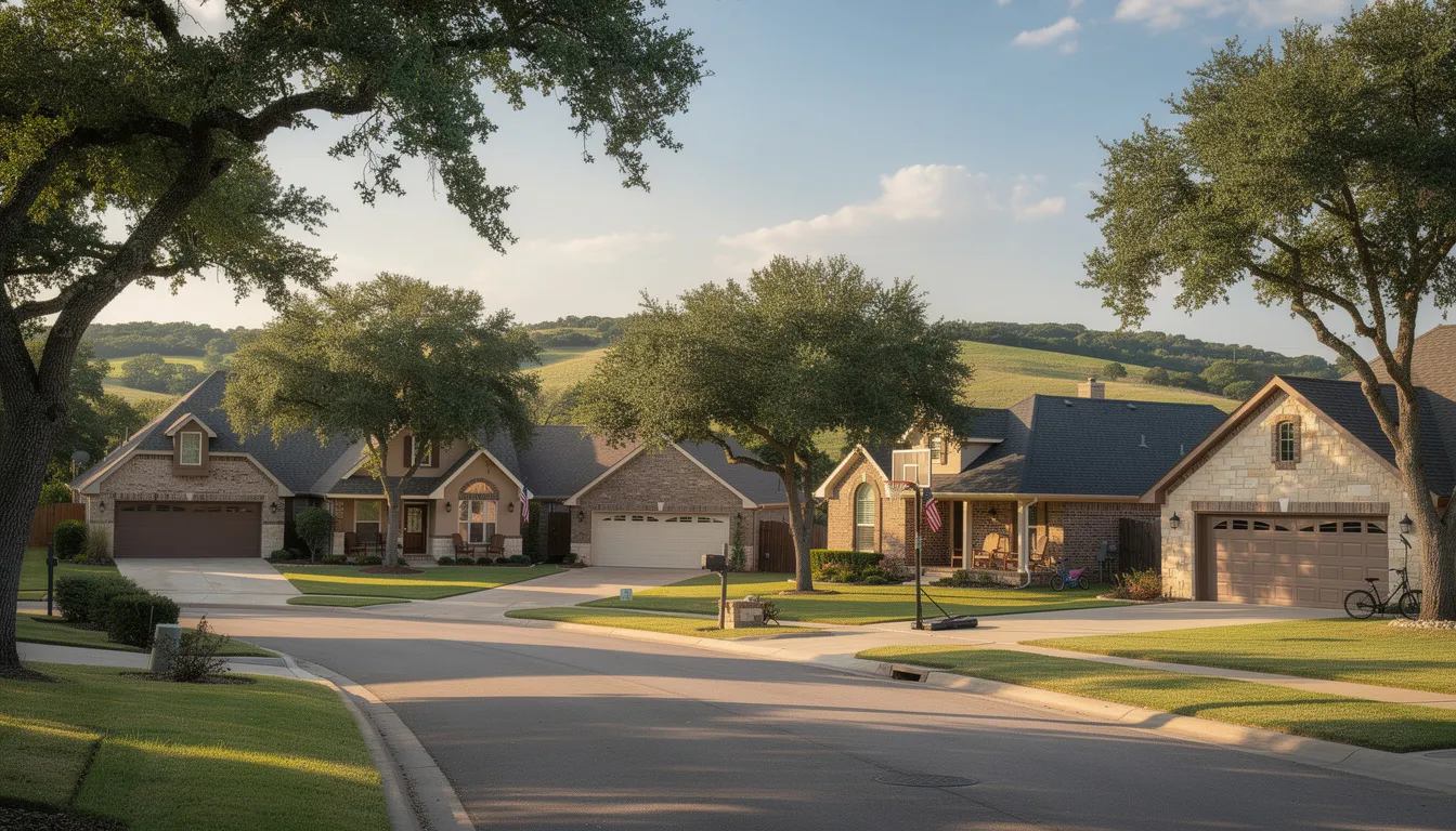 A scenic view of a neighborhood in Aledo, Texas, featuring tree-lined streets and charming family homes, exemplifies the community spirit and great real estate opportunities in the area. This peaceful setting is perfect for families looking to buy a home, showcasing the commitment of real estate agents in Aledo to provide excellent service and support throughout the buying journey.