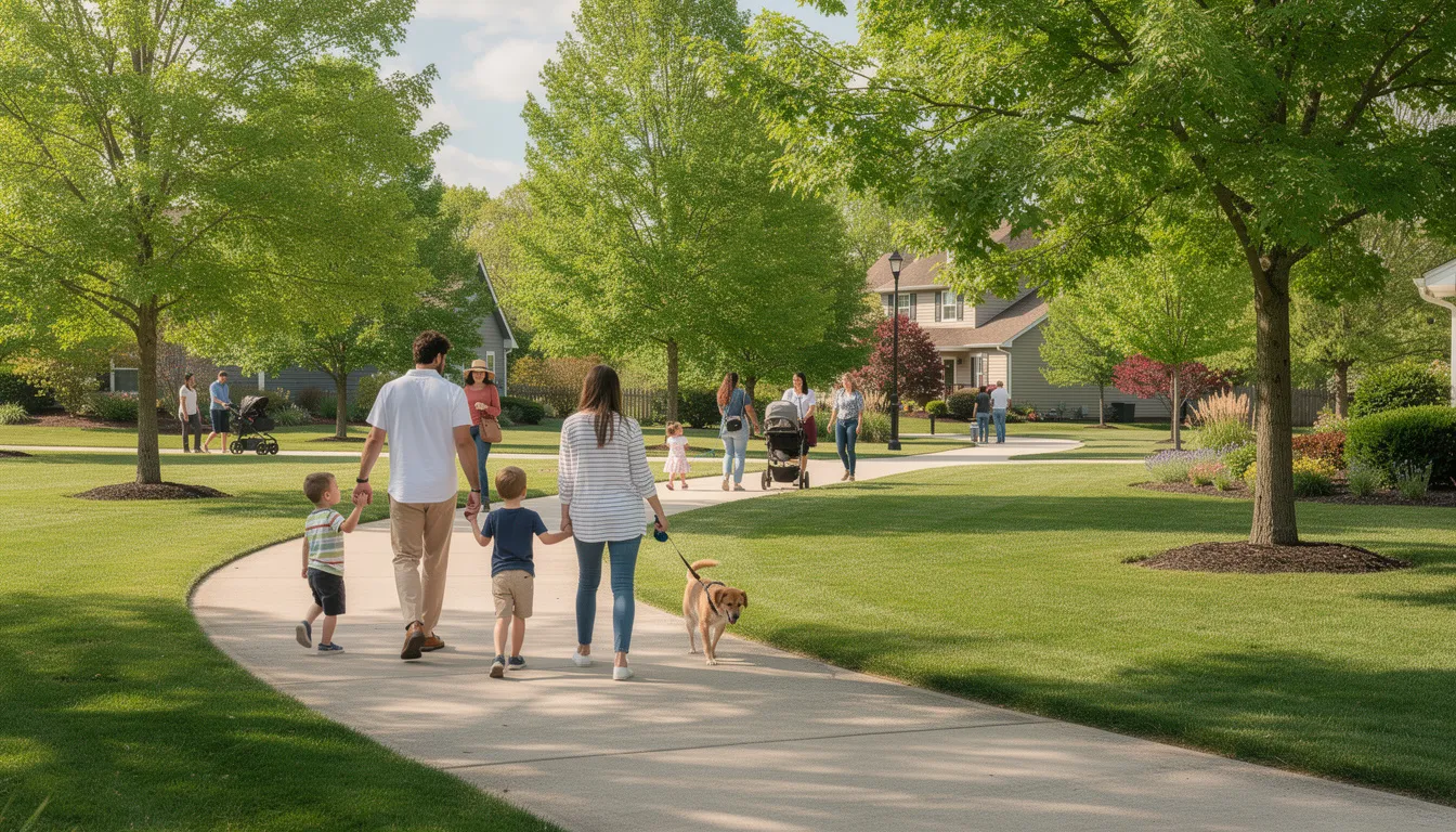 The image depicts families enjoying outdoor living as they walk along suburban trails surrounded by lush green trees, highlighting the community atmosphere of Aledo, TX. This scene reflects the ideal lifestyle that new homes in Aledo offer, with spacious surroundings perfect for family activities.