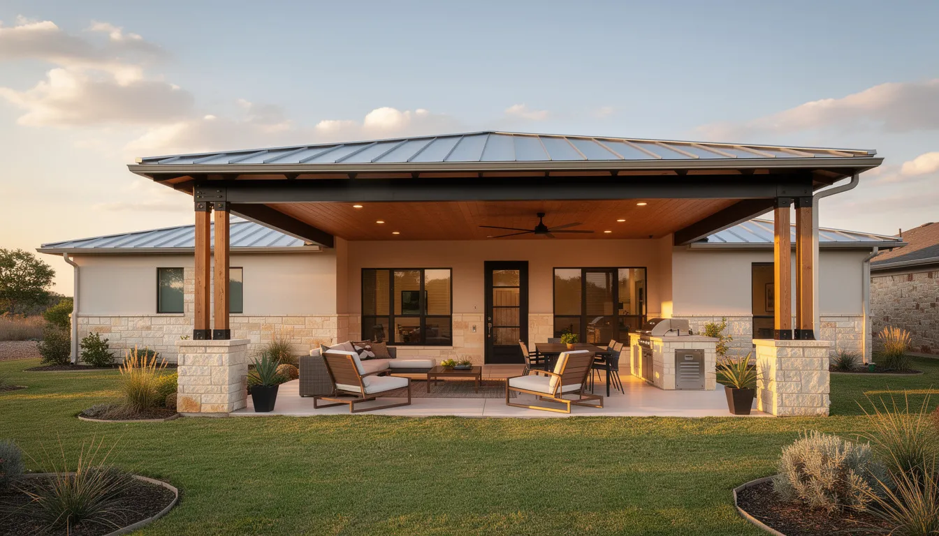 The image showcases a modern Texas home exterior featuring a spacious two-story design with a covered patio adorned with outdoor furniture, perfect for enjoying the outdoor living lifestyle. This inviting space highlights the craftsmanship of new construction homes in Aledo, TX, ideal for homeowners seeking their dream home.