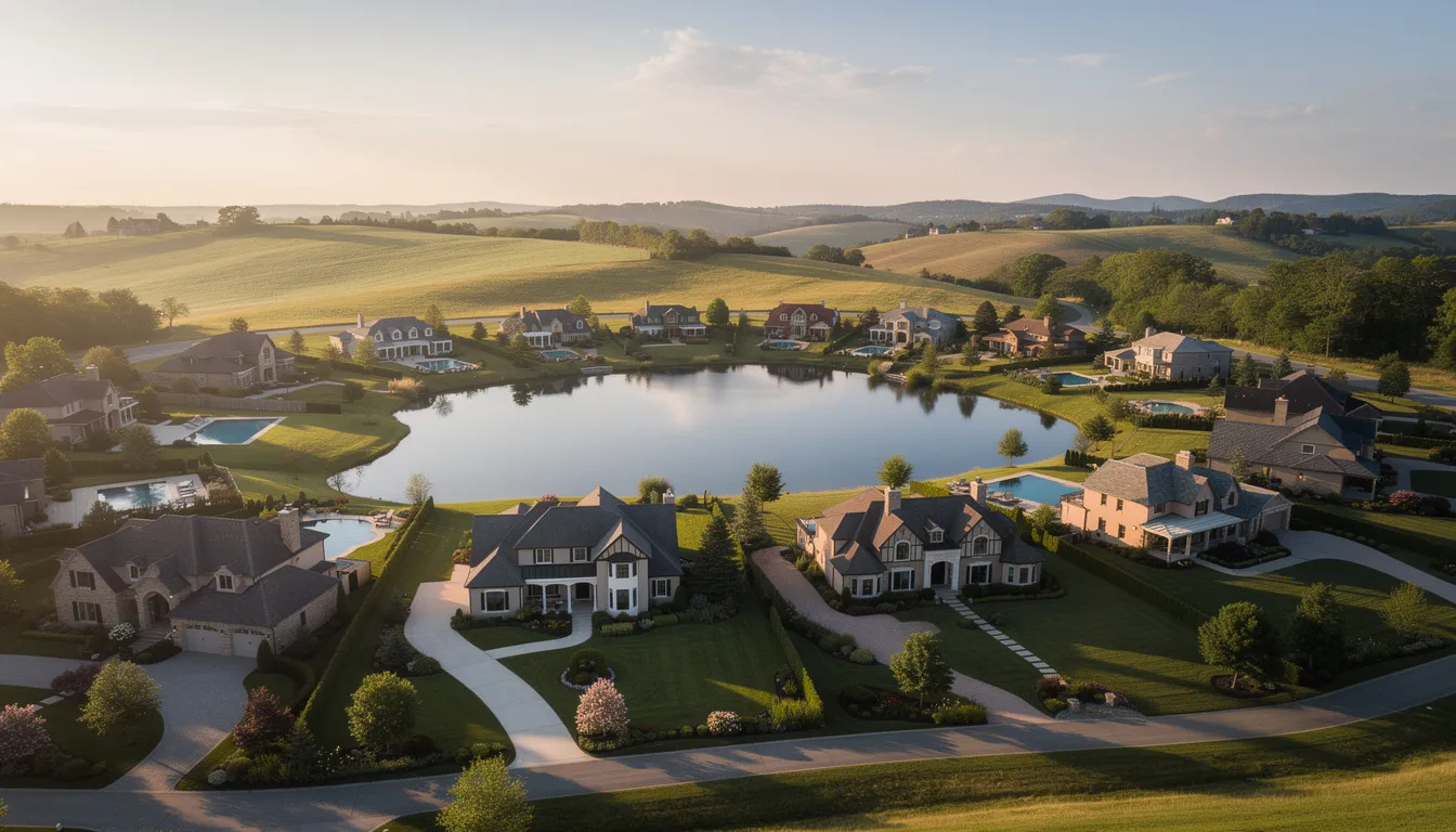 An aerial view showcases luxury estate homes on expansive lots surrounding a serene private lake, with rolling green hills in the background, highlighting the impressive community of La Madera in Aledo, TX. This picturesque scene reflects the charm and exclusivity of the neighborhood, ideal for potential residents interested in homes for sale in the area.