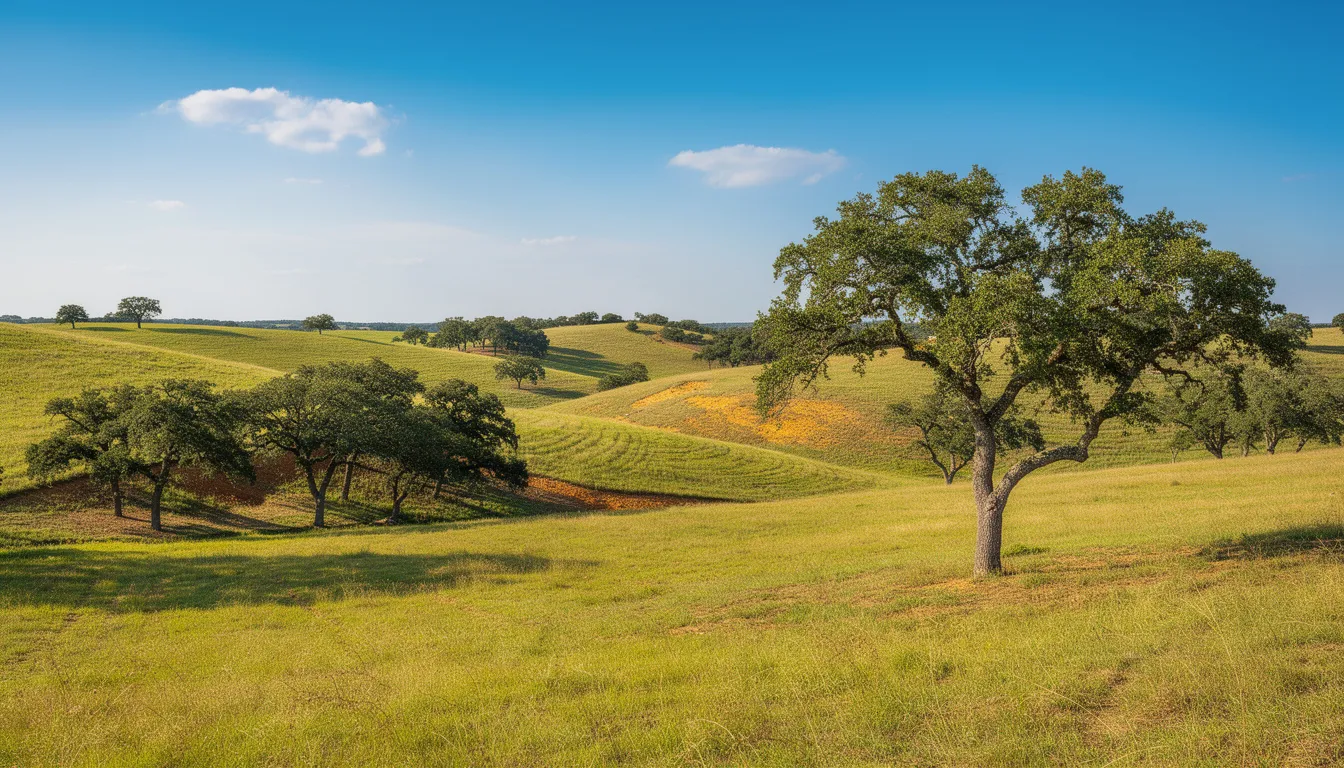 The image depicts the rolling hills of Texas hill country, featuring mature oak trees and expansive open pastures beneath a clear blue sky, showcasing the natural beauty of Aledo, TX. This picturesque landscape is characteristic of the impressive community that residents enjoy in Parker County.